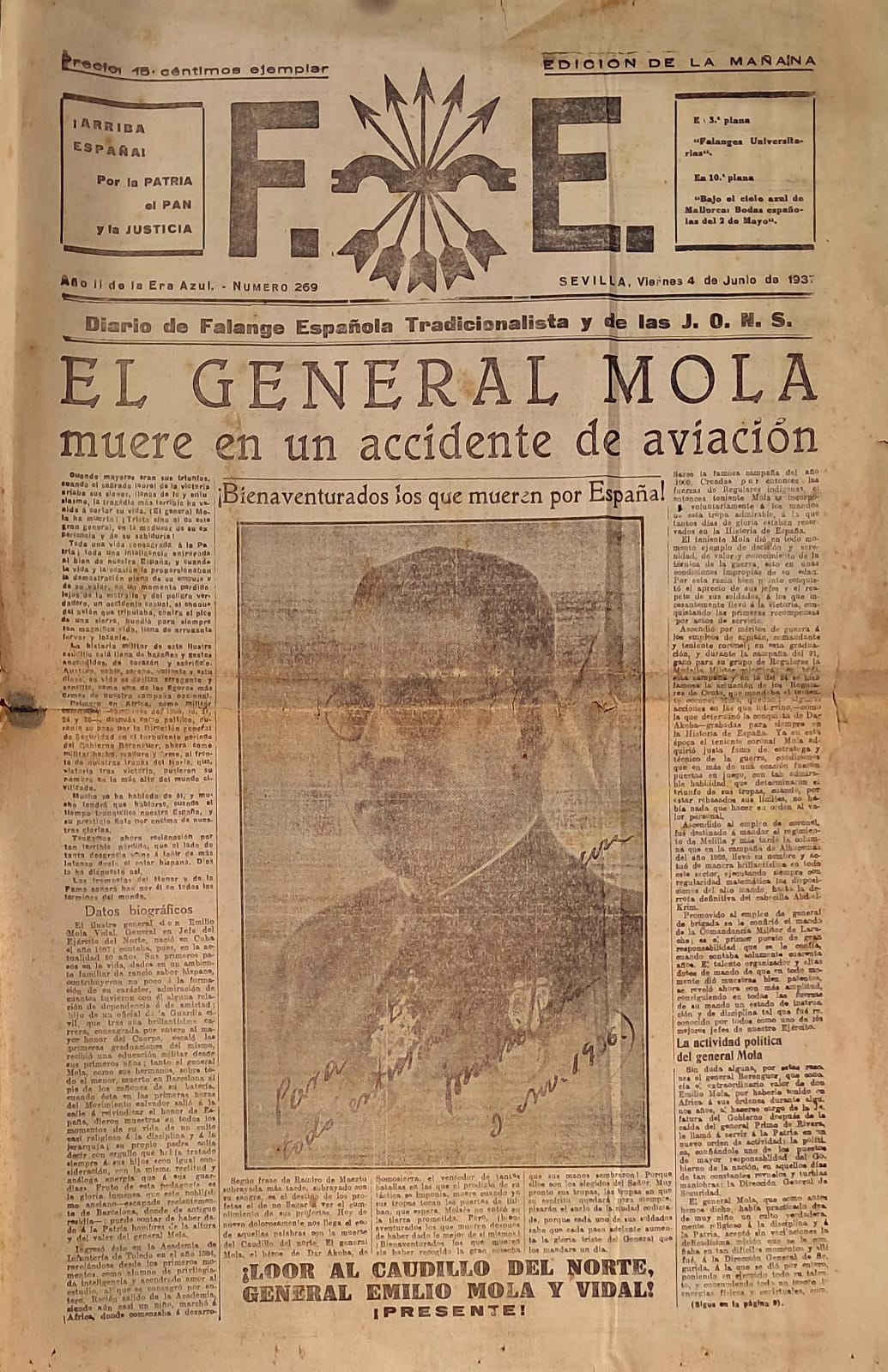 Portada del diario F.E. anunciando la muerte del general Mola en accidente de aviación.